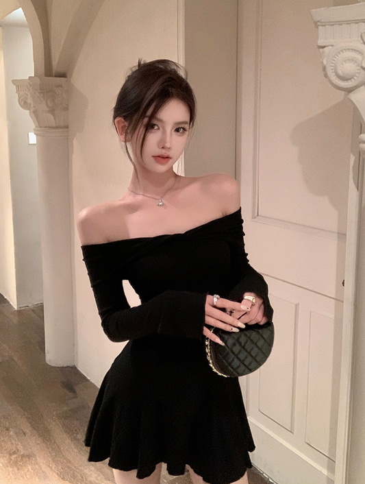 オフショルダーフレアリブニットミニワンピース