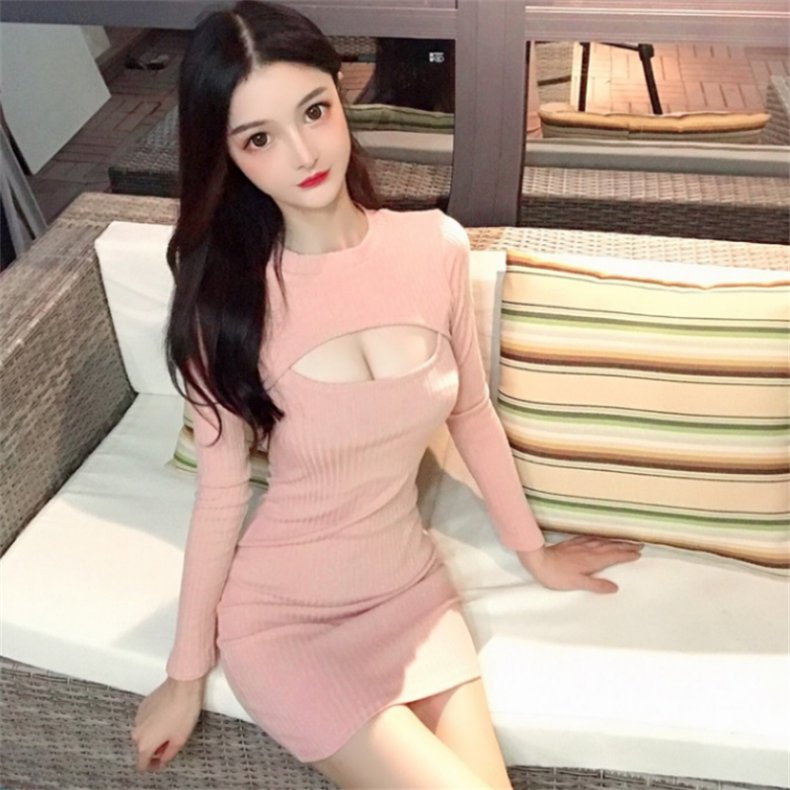 カットアウトリブニットミニワンピース