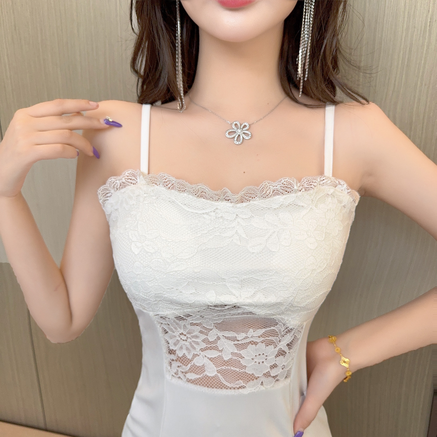 レースパネルスリムキャミミニドレス